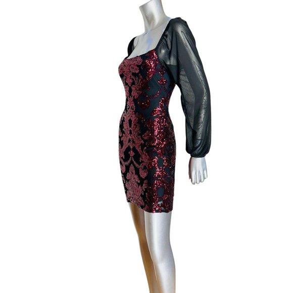Jump Apparel Black Burgundy Damask Sequin Bodycon Mini Dress - Picture 3 of 11